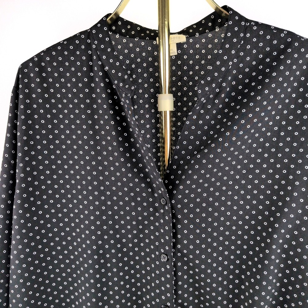 Talbots Women XL Blouse Black White Polka Dot Tie Front Button V-Neck Top